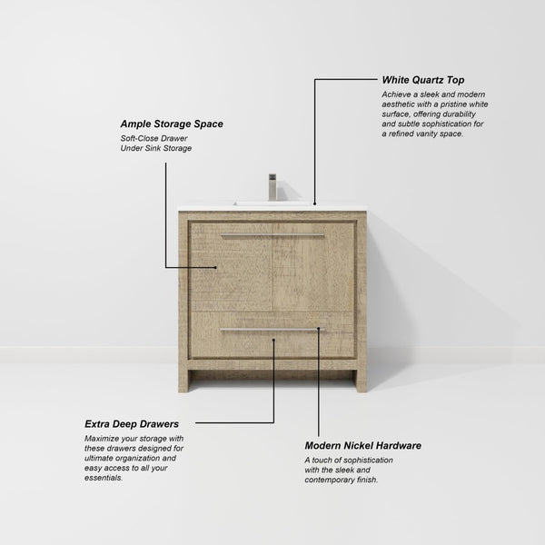 English Elm Rustic Acacia Bath Vanity With White Quartz Top - Stylish 36" W Storage Solution For Modern Bathrooms B2731P259191-GIGA