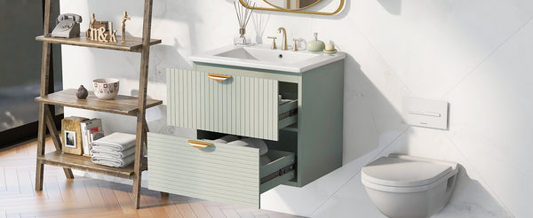 English Elm Modern 24-Inch Wall-Mounted Bathroom Vanity with 2 Drawers, Gold Handles, Space-Saving Luxury Green WF324047AAF