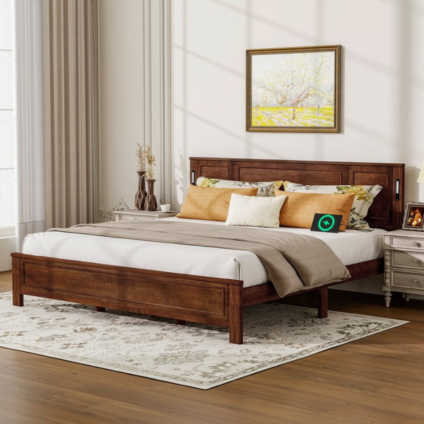 English Elm King Pine Wood Platform Bed with Led Lighting Usb Charging Tall Panel Headboard Walnut W504S00275