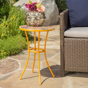 Christopher Knight Home® - Noble House - Barnsfield Outdoor Yellow Ceramic Tile Side Table with Iron Frame