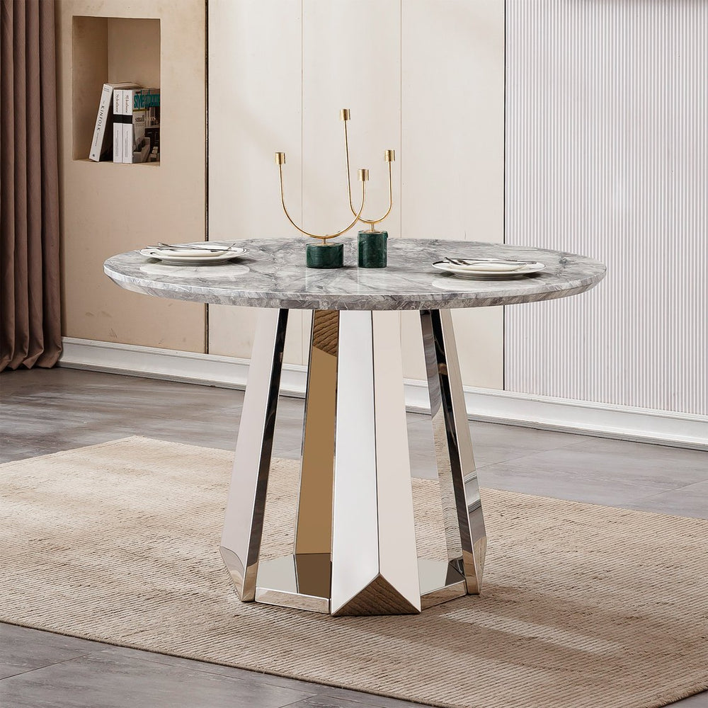 English Elm 47" Round Marble Dining Table - Elegant High Gloss Faux Marble Top & Durable Stainless Steel Base W3456S00008