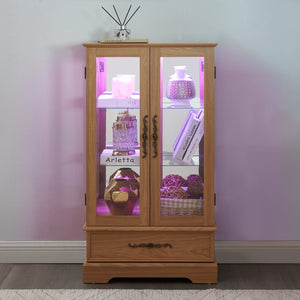 English Elm Lighted Glass Curio Display Cabinet - Elegant Oak Finish, Led Lighting, Adjustable Shelves & Secure Storage W1758P290020