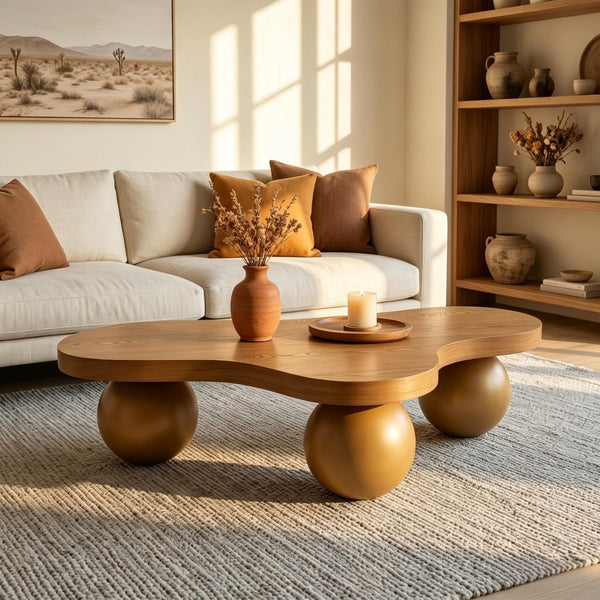 English Elm 46 Inch Cloud Shaped Coffee Table with Ash Veneer Top and Sculptural Sphere Legs Brown W3935S00008