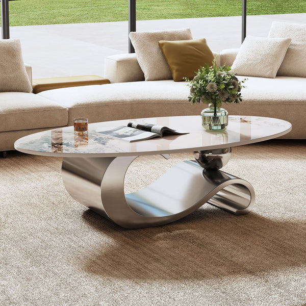 English Elm 49.2" Faux Marble Oval Coffee Table with Sintered Stone Top & Gold Sculptural Stainless Base for Living Room Grey+White W3136S00016