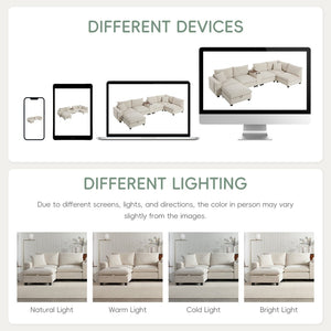 English Elm 139'' U-shaped Corduroy Sectional with Ottoman Console Usb Port and Cup Holders for Living Beige N723S1166A