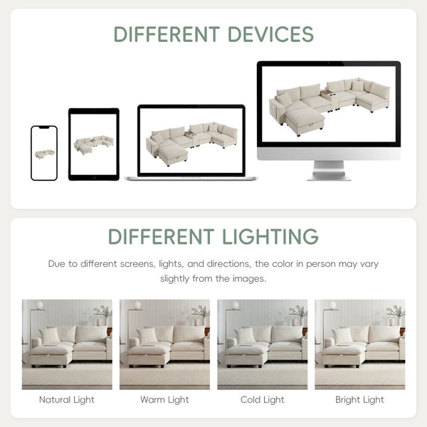 English Elm 139'' U-shaped Corduroy Sectional with Ottoman Console Usb Port and Cup Holders for Living Beige N723S1166A