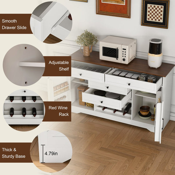 English Elm 54" Farmhouse Buffet Sideboard with Wood-Grain Top, 2 Cabinets, 4 Drawers, Wine Rack & Towel Bar White Walnut W2700P300563