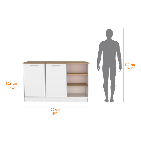 English Elm Gladiolus modern melamine kitchen island with 2 doors, 3 open shelves for organized prep and storage B128S00006