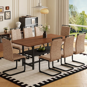 English Elm Table Walnut Grain Dining Set With 8 Stylish Brown Technology Fabric Chairs And Storage Shelf W1151S04281-GIGA