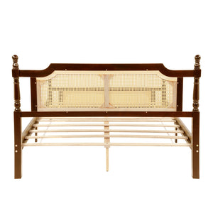 English Elm Queen Pine Bed with Rattan Headboard & Footboard, Walnut Finish, Space-Saving Central Platform Design W504P269833