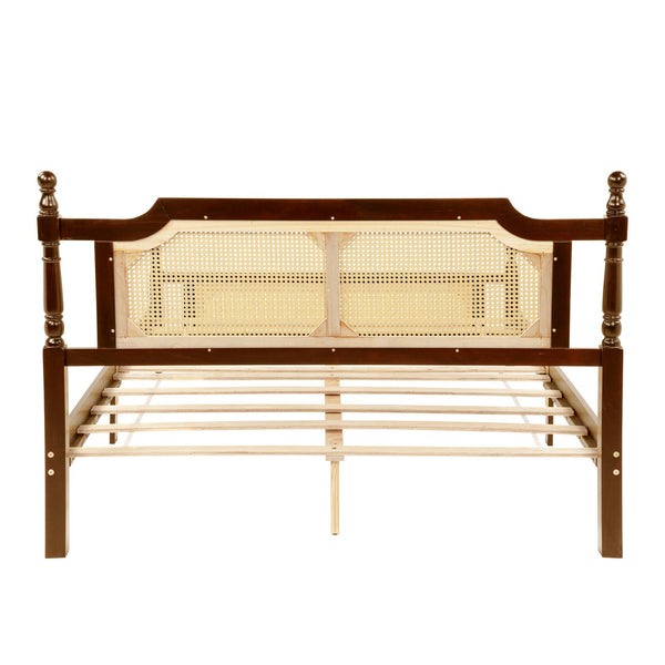 English Elm Queen Pine Bed with Rattan Headboard & Footboard, Walnut Finish, Space-Saving Central Platform Design W504P269833