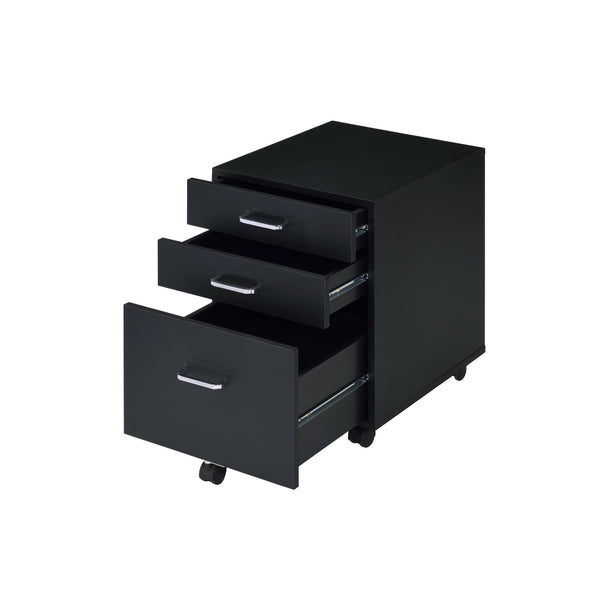 English Elm Tennos Black Chrome Finish Cabinet with 4-Tier Shelves, X-Frame, 3 Drawers & 5 Wheels for Modern Spaces B2726P277143