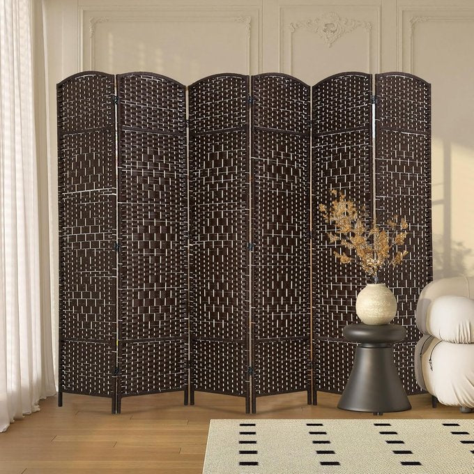 English Elm 6 Panel Room Divider Folding Screen with Hand-Woven Arched Panels Pine Frame Privacy Partition Room Decor Walnut Brown W3198P299207