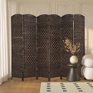 English Elm 6 Panel Room Divider Folding Screen with Hand-Woven Arched Panels Pine Frame Privacy Partition Room Decor Walnut Brown W3198P299207