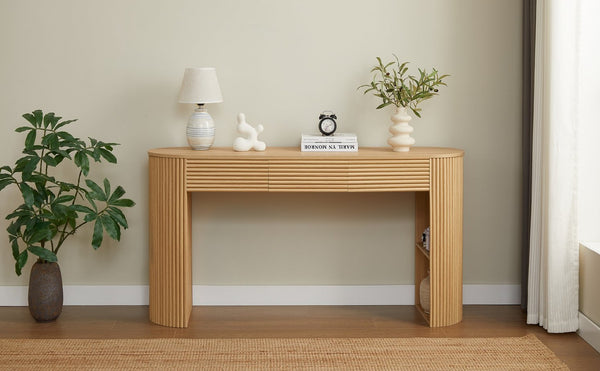 English Elm [video] Retro Fluted Console Table with 3 Drawers Open Niche Mid-century Entryway Natural N759P283616N