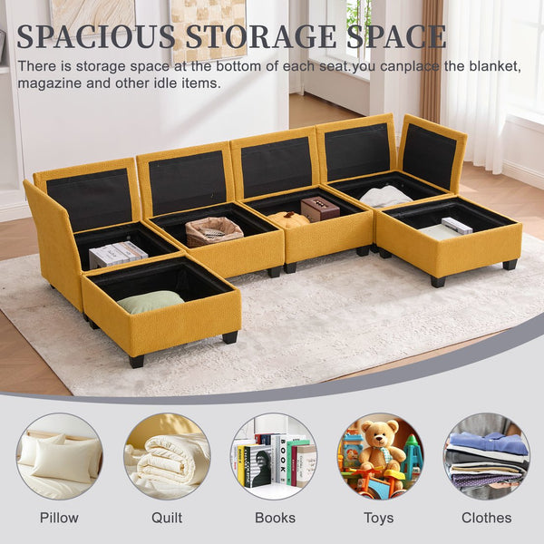 English Elm UNITED Modular 6-Seat Sectional Sofa with Removable Ottoman, Storage Compartments, Convertible Comfort Mustard yellow W1568S00247