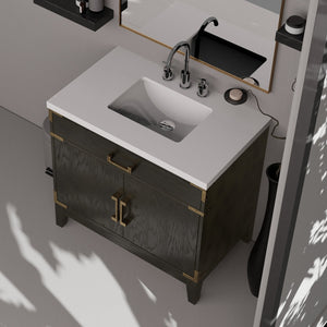 English Elm Black Oak Single Bath Vanity Set With White Quartz Countertop & 34” Mirror - Modern Elegance For Your Space B2731S02126