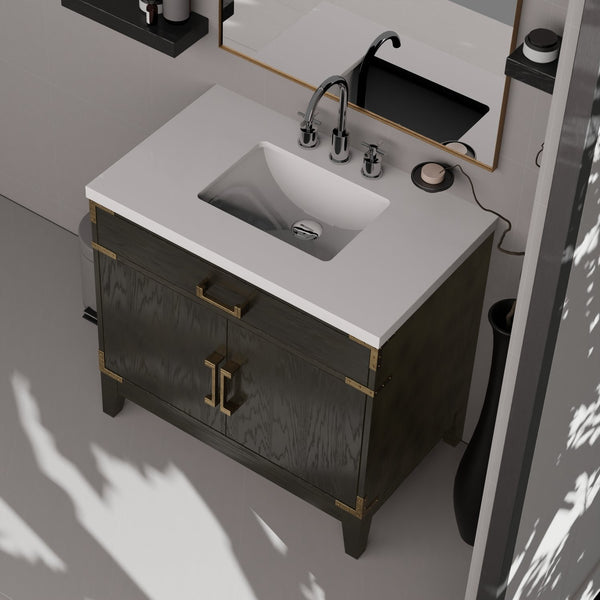 English Elm Black Oak Single Bath Vanity Set With White Quartz Countertop & 34” Mirror - Modern Elegance For Your Space B2731S02126
