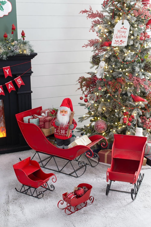 English Elm 14.5x10x11"H Iron Red/Black Sleigh Small — Distressed Santa Metal Holiday Tabletop Mantel Decor, Gift Ready W2078P237030