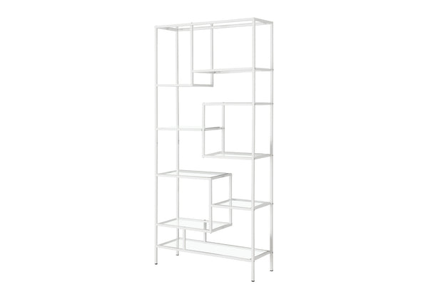 English Elm Bookshelf, 72" Tall Grey Metal Frame with 9 Clear Tempered Glass Shelves for Modern Living Spaces White 40 L x 14 W x 8 H B2710P219627