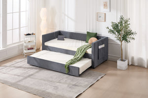 English Elm Twin Velvet Upholstered Daybed with Trundle, V-Pattern Backrest, USB Port, Side Pockets, Sturdy Design Grey W1361S00040