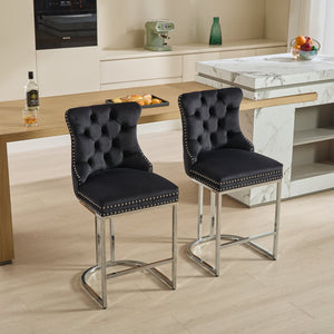 English Elm 25" Elegant Tufted Counter Bar Stools Set of 2 with Plush Spring Cushion and Chrome Durable Base Black W1143P217851
