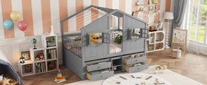 English Elm Full Size House Loft Bed With Roof & Windows, 4 Storage Drawers, Safe Pine Frame In Grey Finish W504S00241