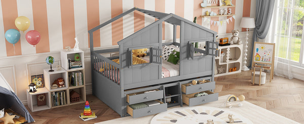 English Elm Full Size House Loft Bed With Roof & Windows, 4 Storage Drawers, Safe Pine Frame In Grey Finish W504S00241