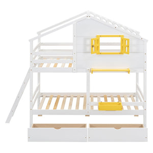 English Elm Twin Playhouse Bunk Bed Pinewood Frame with Pitched Roof Window Shelf and Storage Drawers White LT001608AAK-1