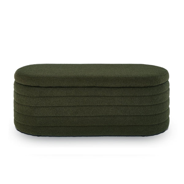 English Elm Modern Boucle Upholstered Oval Bench with Hinged Lid Storage for Bedroom Entryway Dark Green W2186P193118