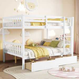 English Elm Full Full Over Full Bunk Bed In White - Durable Rubberwood With 2 Drawers, Converts To 2 Beds, Safe Design W504S00195