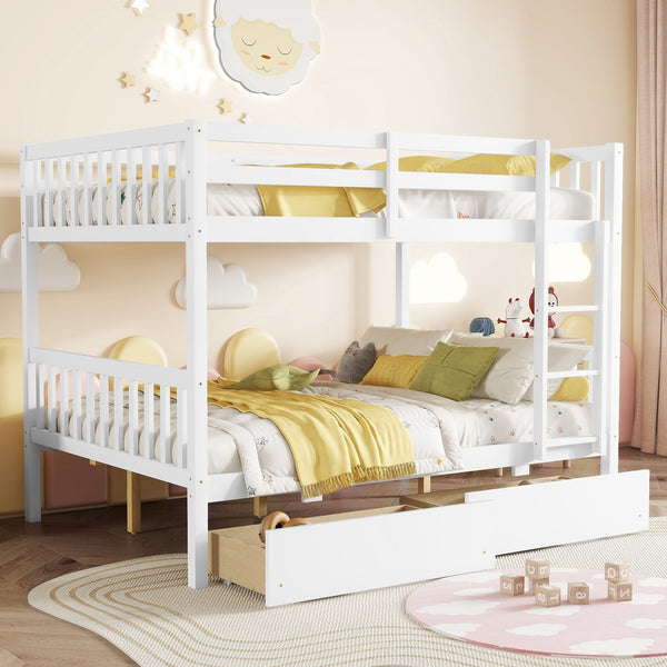 English Elm Full Full Over Full Bunk Bed In White - Durable Rubberwood With 2 Drawers, Converts To 2 Beds, Safe Design W504S00195