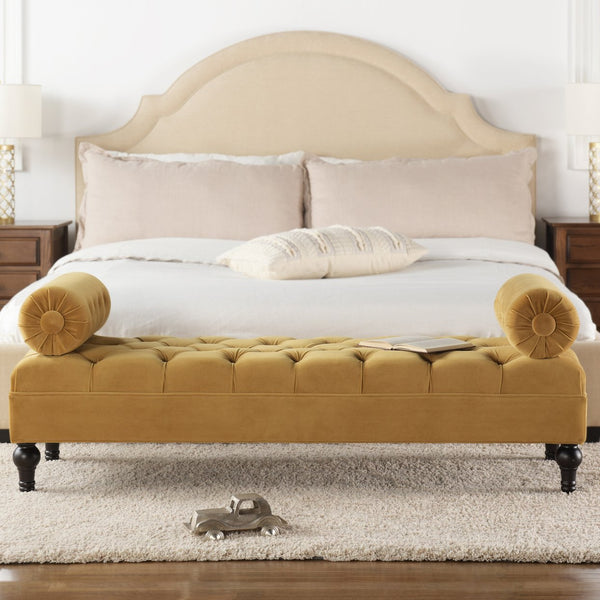 English Elm Jennifer Taylor Home - Lewis Bolster Arm Entryway Bench in Gold Velvet — Handcrafted hardwood frame, vintage bolsters, low 15" seat comfort Yellow B2719P238172