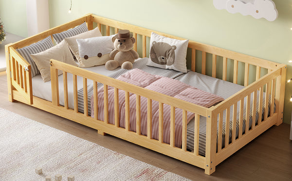 English Elm Twin Twin Size Floor Bed with Safety Guardrails and Playful Door for Kids, Pine/Plywood, Low Profile Natural W1580P338949