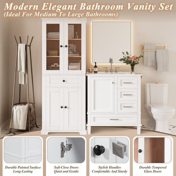 English Elm 67.57" Tall Matte Cabinet Vanity Combo with Glass Doors Soft-close Drawers Sink White N729P000033K