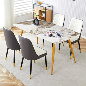 English Elm Table And Chair Set - Modern Minimalist Dining With White Marble Sintered Stone & Gold Legs, 4 Chairs W1151S01669-GIGA