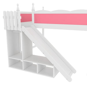 English Elm Queen Solid Pine Loft Bed with Wardrobe Shelves Detachable Slide and Dual Sleeping Zones Pink,White W5305S00026