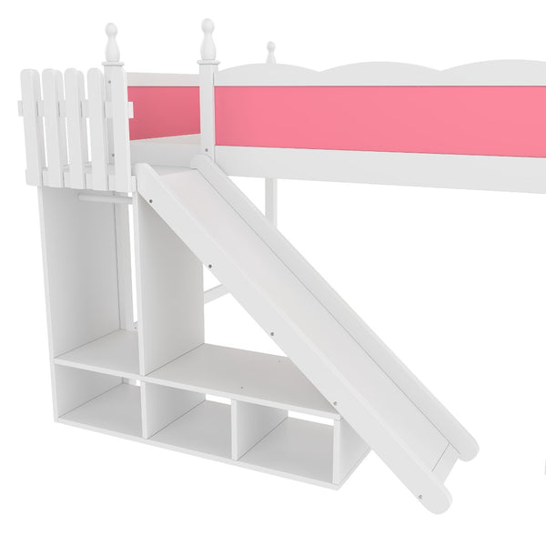 English Elm Queen Solid Pine Loft Bed with Wardrobe Shelves Detachable Slide and Dual Sleeping Zones Pink,White W5305S00026
