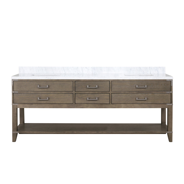 English Elm Grey Oak Double Bath Vanity With Carrara Marble Top - Spacious 84" Design, Soft-Close Drawers & Storage B2731P260381