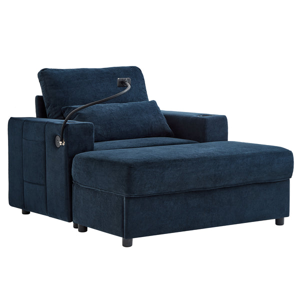English Elm Modern Multifunctional Armchair with Chaise Lounge, Hidden Ottoman Storage, USB Ports & Cup Holders Blue N719P292700C