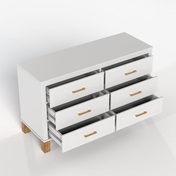English Elm 6-drawer Double Dresser Solid Wood Legs Mid-century Modern Bedroom Storage Cabinet White W1445S00007