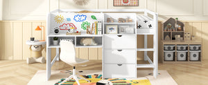 English Elm Full Size Low Loft Bed With Desk, Storage Solutions & Whiteboard For Creative Learning – White Finish N7090005005K