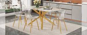 English Elm Table and Chairs Set Glam Marble Glass Top Gold Metal Base Seats Six Dining Room W1151S04616