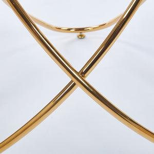 English Elm Dining Table with tempered glass top and sleek metal legs, modern space-saving design for small spaces Golden W234P329699