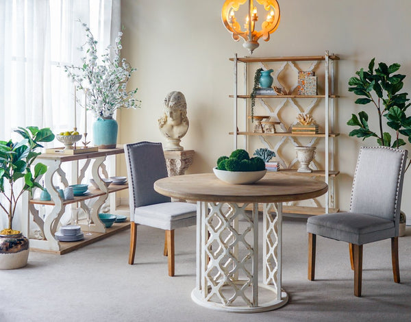 English Elm 47x47x31" Round Wooden Dining Table with Fir Top and Intricate Cut-Out Pedestal, Farmhouse Chic Finish W2078P251400