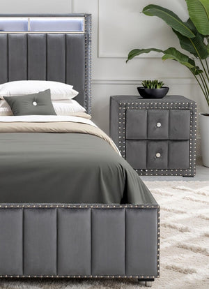 English Elm Beige Fabric Upholstered Nightstand with Channel Tufting Nailhead Trim and Crystal Knobs Dark Gray B2741P421105