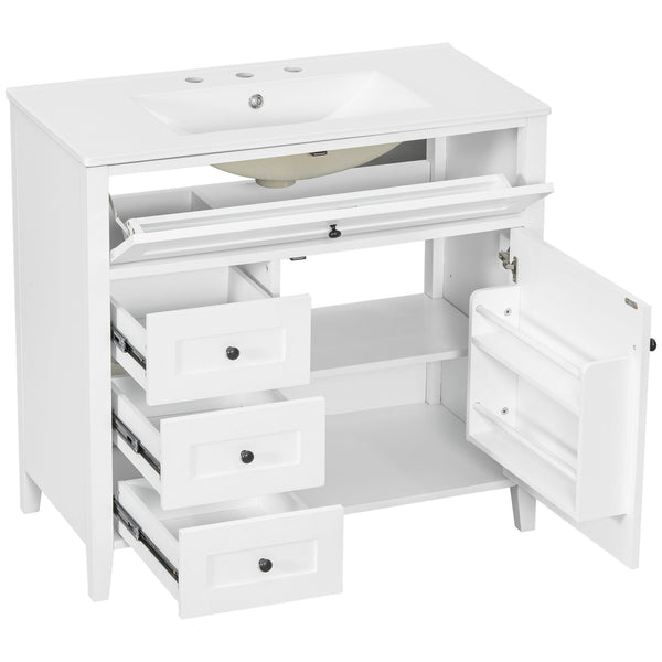 English Elm 36-Inch White Bathroom Vanity With Sink, Modern Mdf & Rubberwood, 3 Drawers & Adjustable Shelf Storage N725P350821K