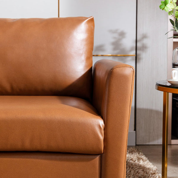 English Elm 80'' Faux Leather Sofa Couch — Mid-Century 3-Seater with Solid Wood Frame, High-Density Foam, Easy-Clean Brown T2694S00062