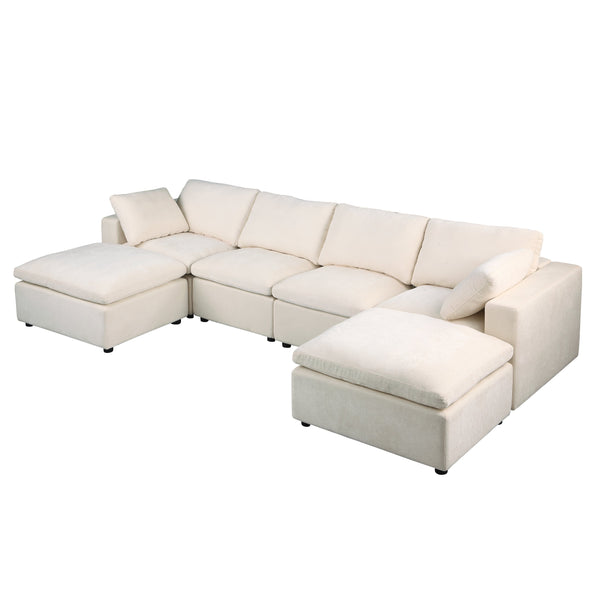 English Elm 123.6" Modular Sectional Sofa - U-Shaped Convertible Couch With Reversible Chaise & Ottomans, Beige W1123S00044