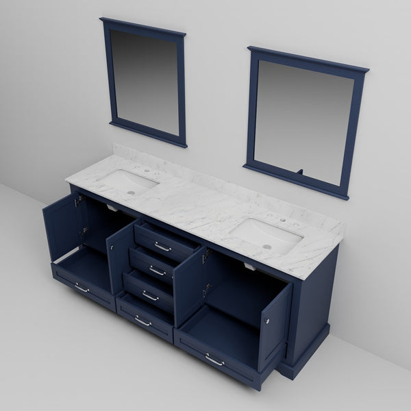English Elm Navy Blue Double Bath Vanity 80" W With Carrara Marble Top & Mirrors, Elegant Storage Solution B2731S00818